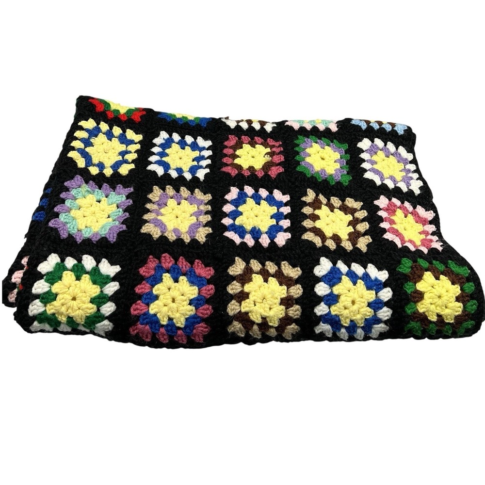 Granny‎ Square Handmade Afghan Blanket Multicolor 42x55" Roseanne Black Trim VTG